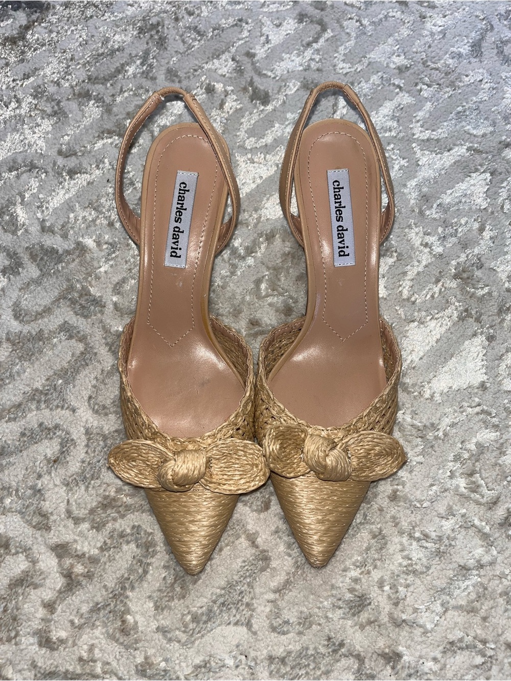 Charles David Tan Woven Pointed Slingback Heels with Knot